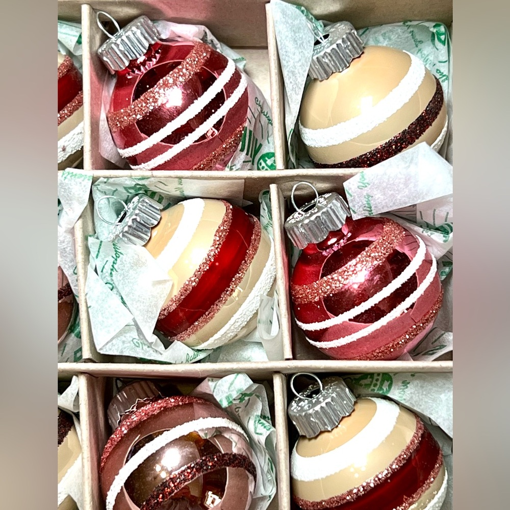 20 Christmas Radko Glass Ball Ornaments Burgundy Beige White Pink Glitter Stripe - Picture 10 of 15